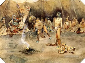 Charles Marion Russell Painting - sioux torturing a blackfoot brave 1897 Charles Marion Russell